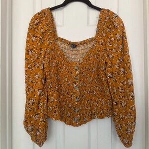 NWOT, American Eagle Smocked Floral Crop Top, Yellow Mustard, Size L